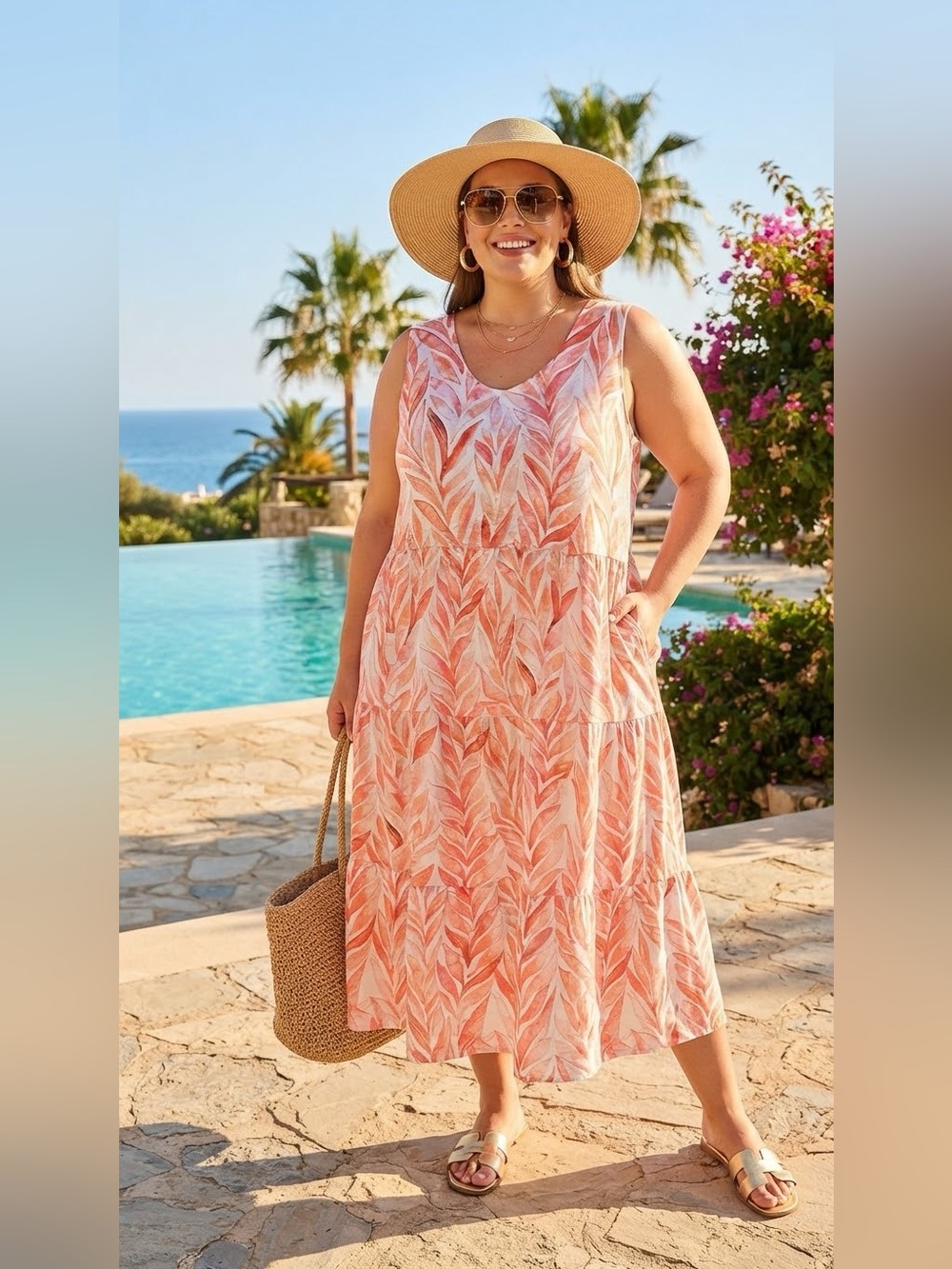SIZE 2XP Denim & Co.® NEW Beach Coral Leaf Tiered Dress Pockets Cotton Blend